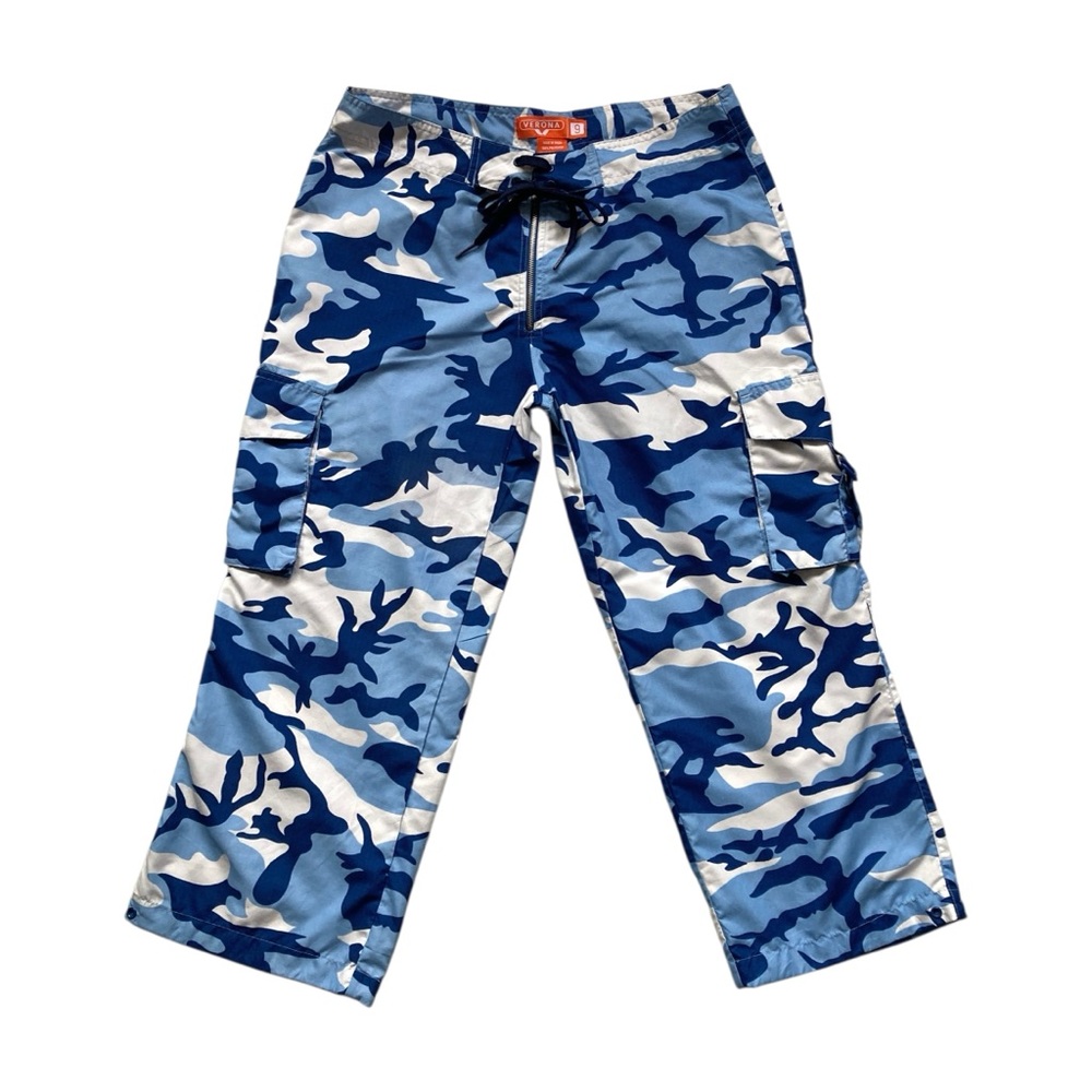 Blue Camo Cargo Capris with Drawstring Waist